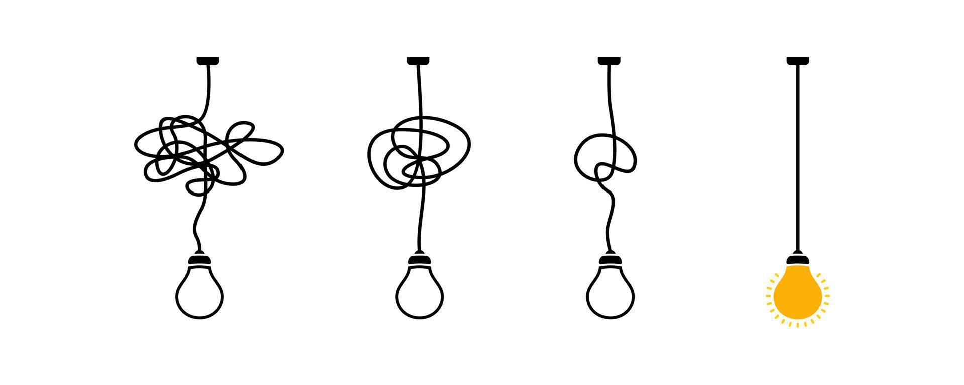 processus compliqué complexe solution facile, simplifier le problème, démêler le nœud de désordre en ligne simple, la bonne manière la plus simple, bonne idée vecteur de concept