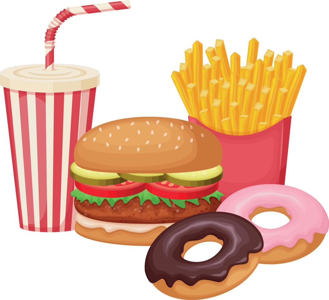 Fast food. un grand ensemble de restauration rapide composé de hamburgers, de frites, de beignets et d'une boisson gazeuse. illustration vectorielle. vecteur