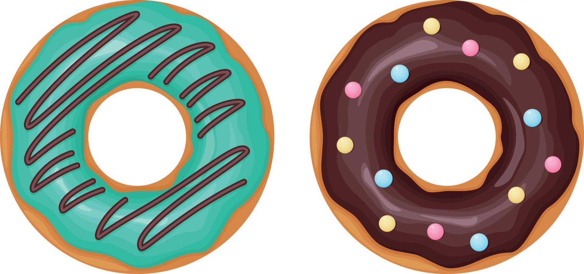 Donut. une collection de beignets décorés de glaçage et de chocolat. dessert sucré, illustration vectorielle isolée sur fond blanc vecteur