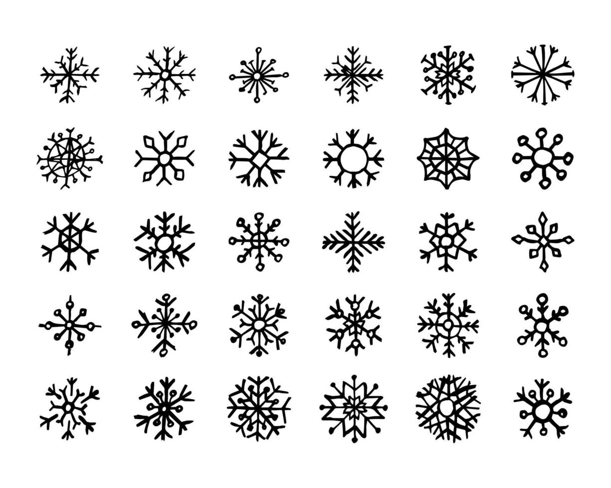 flocons de neige dessinés à la main sur fond blanc. ensemble de trente flocons de neige sombres. éléments de décoration de noël et du nouvel an. illustration vectorielle. vecteur