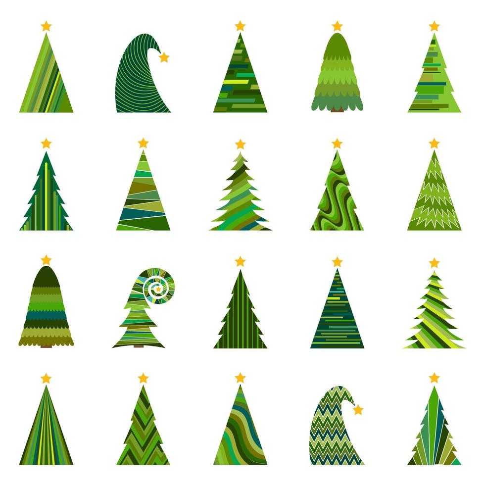 ensemble de vingt arbres de noël différents. illustration vectorielle isolée pour joyeux noël et bonne année. vecteur
