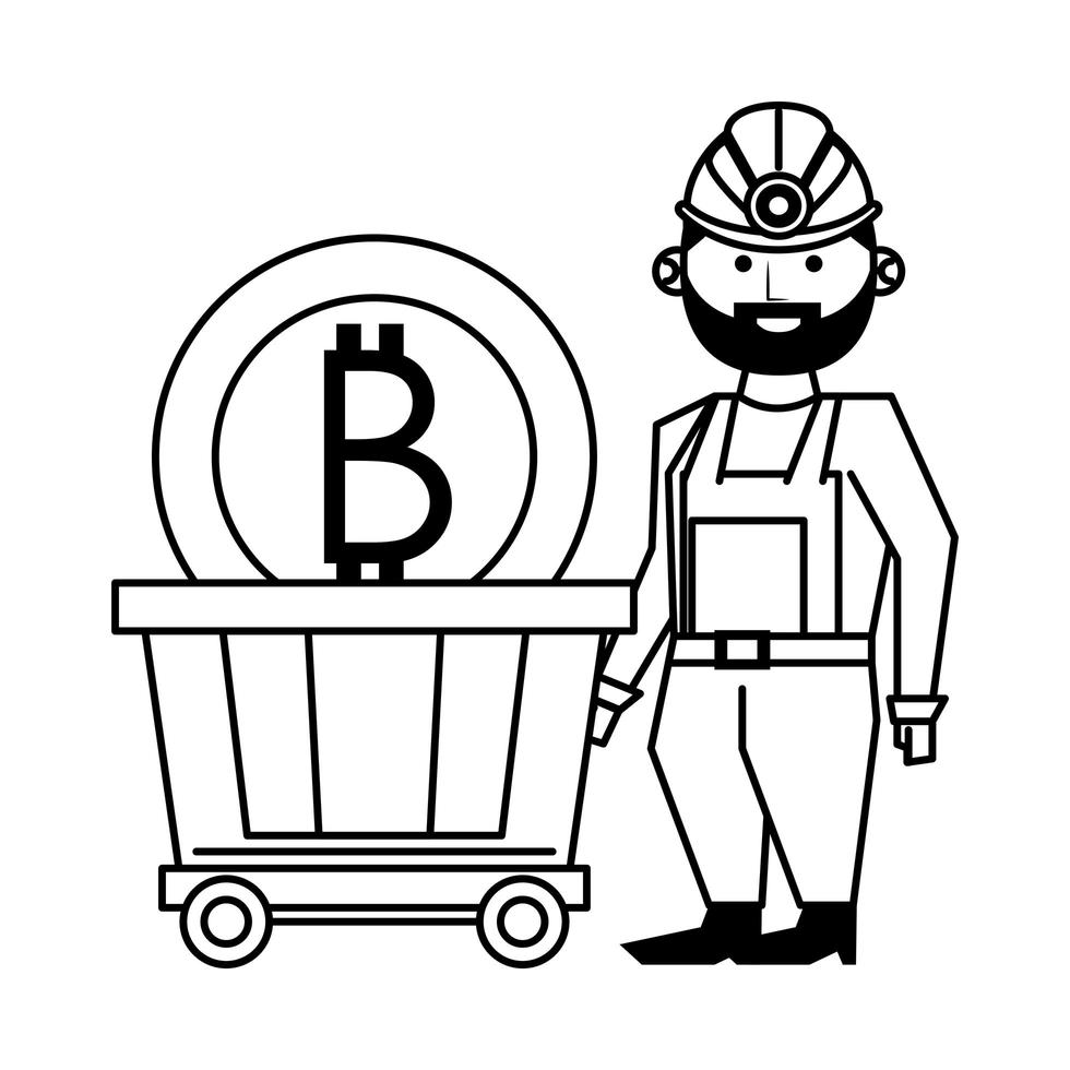 homme et crypto-monnaie bitcoin en noir et blanc vecteur