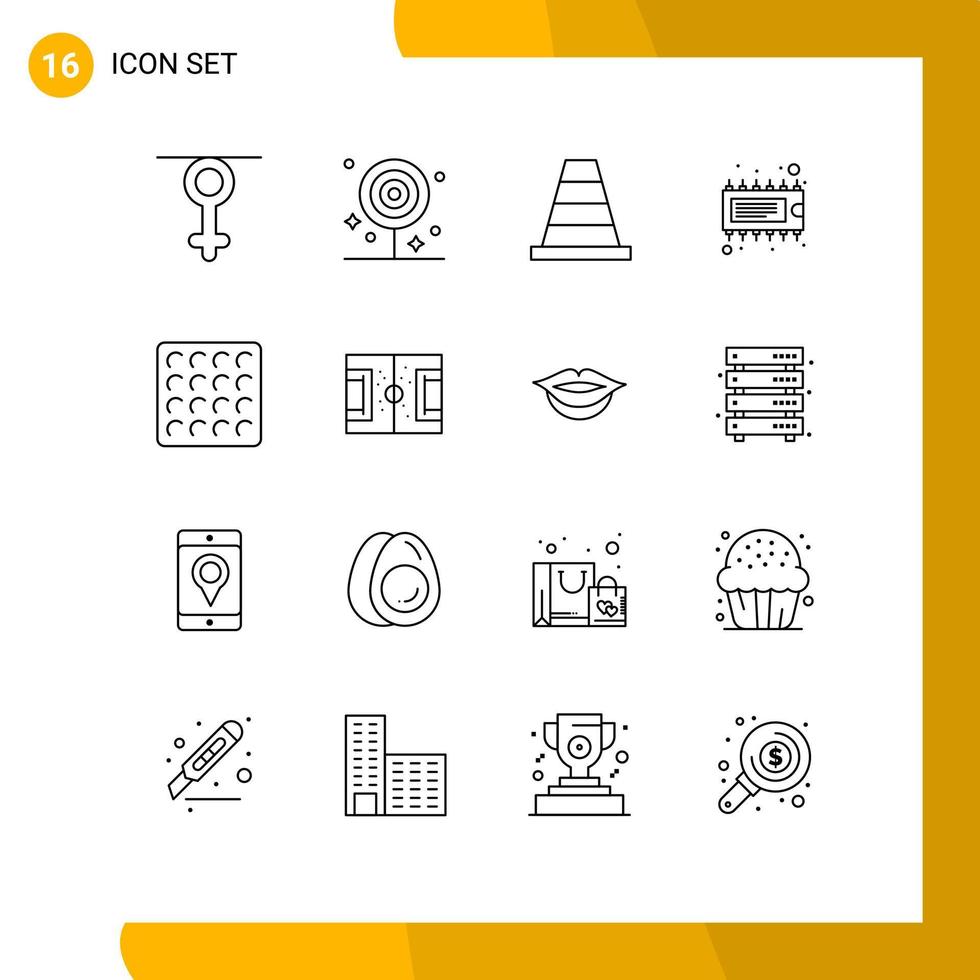 16 ensemble de contours d'interface utilisateur de signes et symboles modernes d'éléments de conception vectoriels modifiables de composants électroniques de wafer ic lollipop vecteur