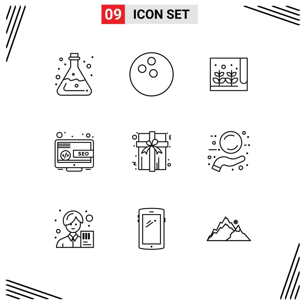 aperçu de l'interface mobile ensemble de 9 pictogrammes d'éléments de conception vectoriels modifiables de bureau en ligne de ferme de marketing de cadeaux vecteur