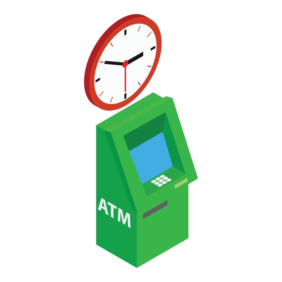 banque atm icône vecteur isométrique. horloge murale rouge et icône de guichet automatique vert moderne