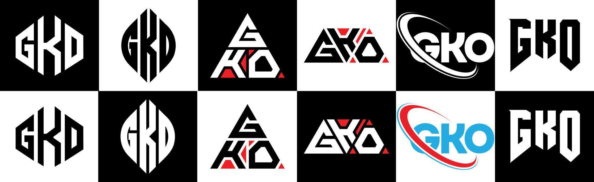 création de logo de lettre gko en six styles. polygone gko, cercle, triangle, hexagone, style plat et simple avec logo de lettre de variation de couleur noir et blanc dans un plan de travail. logo gko minimaliste et classique vecteur