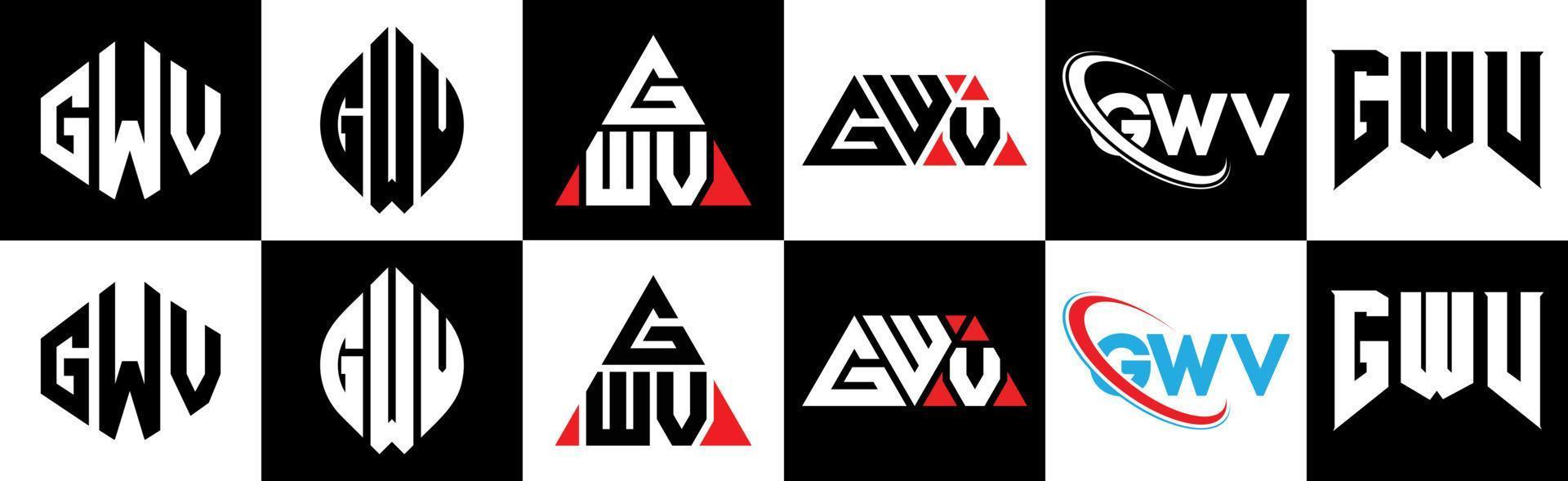 création de logo de lettre gwv en six styles. gwv polygone, cercle, triangle, hexagone, style plat et simple avec logo de lettre de variation de couleur noir et blanc dans un plan de travail. logo gwv minimaliste et classique vecteur