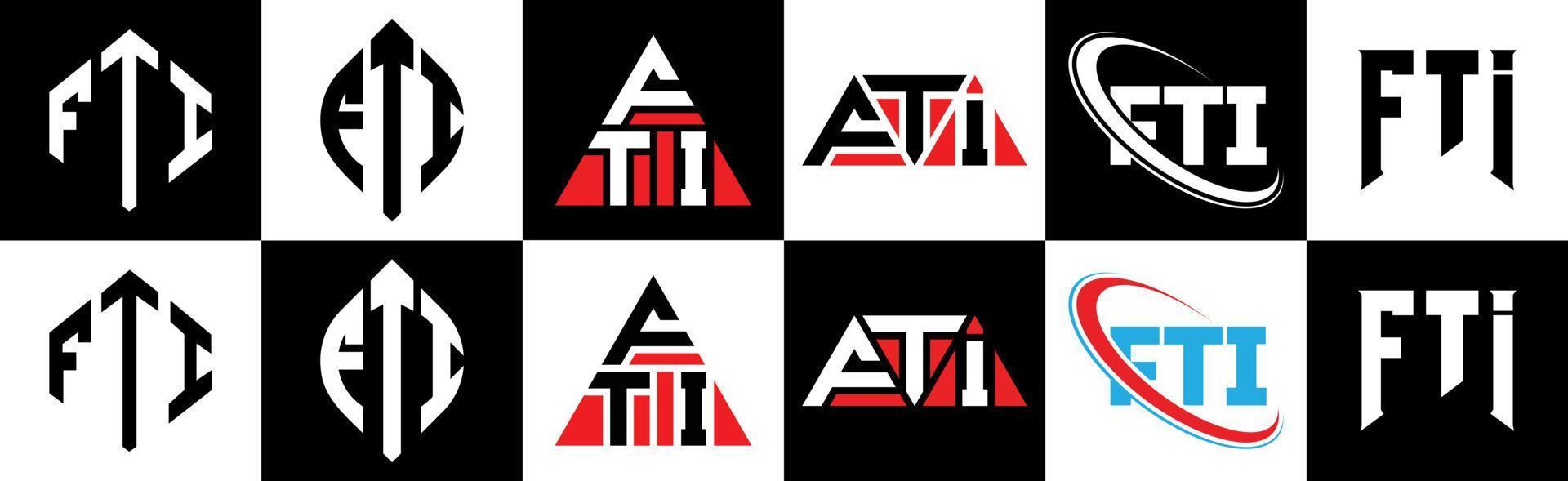 création de logo de lettre fti en six styles. fti polygone, cercle, triangle, hexagone, style plat et simple avec logo de lettre de variation de couleur noir et blanc dans un plan de travail. logo fti minimaliste et classique vecteur