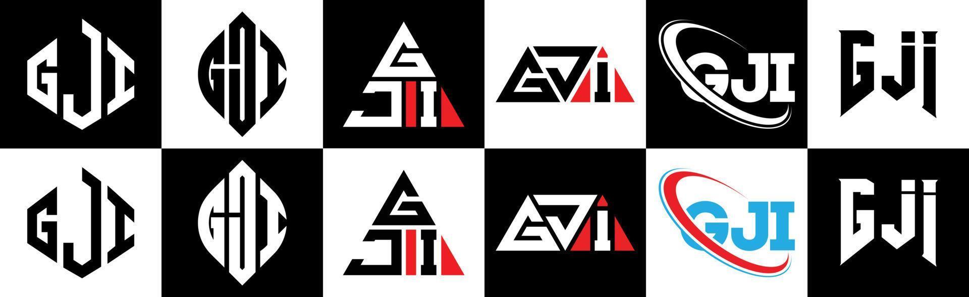 création de logo de lettre gji en six styles. polygone gji, cercle, triangle, hexagone, style plat et simple avec logo de lettre de variation de couleur noir et blanc dans un plan de travail. logo gji minimaliste et classique vecteur