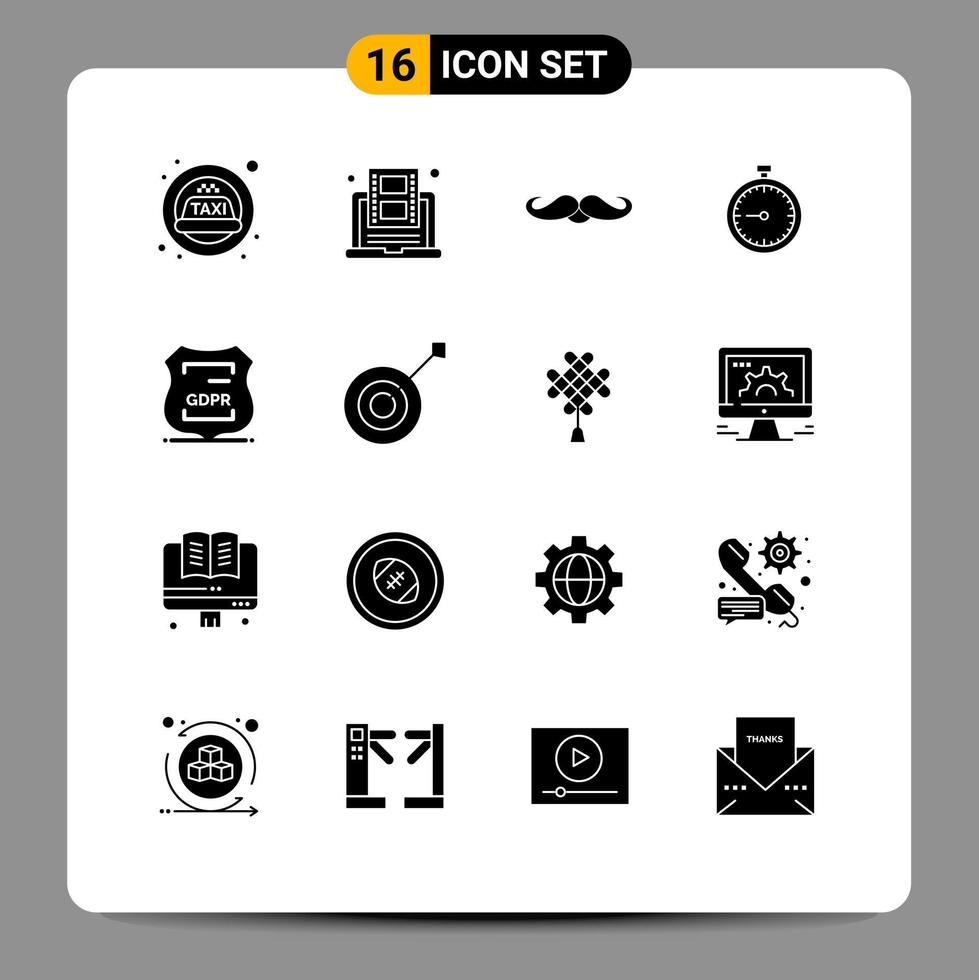 pack de 16 signes et symboles de glyphes solides modernes pour les supports d'impression Web tels que le temps rapide moustache horloge hommes éléments de conception vectoriels modifiables vecteur