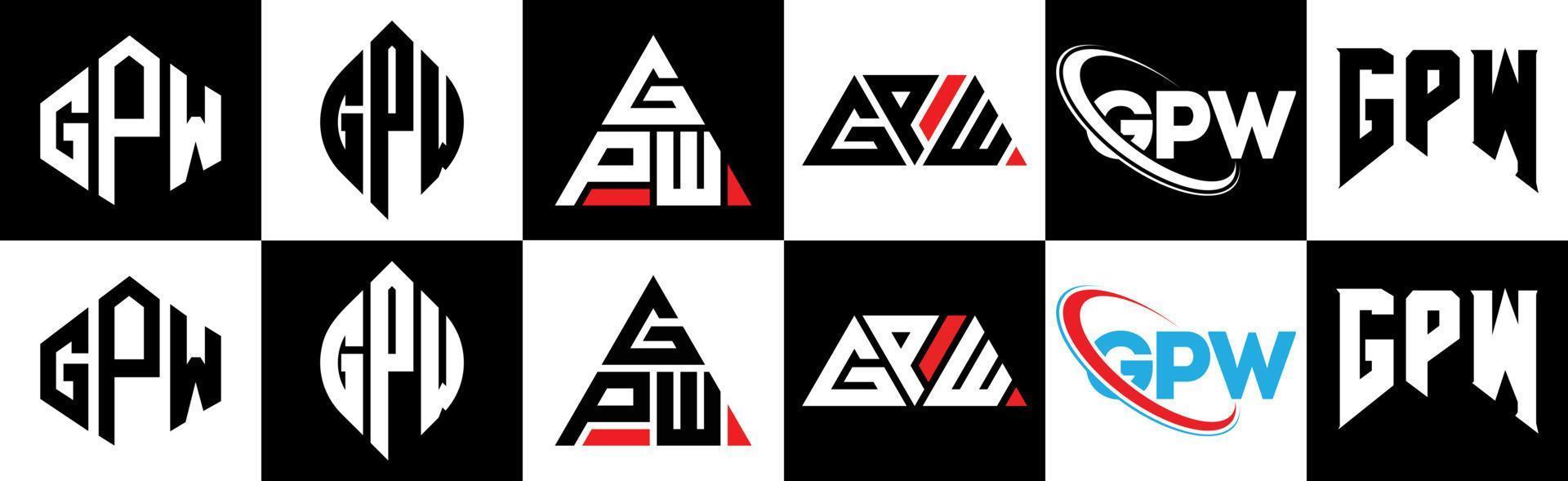 création de logo de lettre gpw en six styles. gpw polygone, cercle, triangle, hexagone, style plat et simple avec logo de lettre de variation de couleur noir et blanc dans un plan de travail. logo gpw minimaliste et classique vecteur