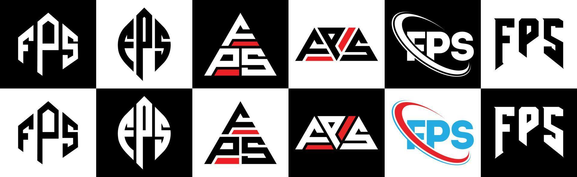 création de logo de lettre fps en six styles. polygone fps, cercle, triangle, hexagone, style plat et simple avec logo de lettre de variation de couleur noir et blanc dans un plan de travail. logo fps minimaliste et classique vecteur