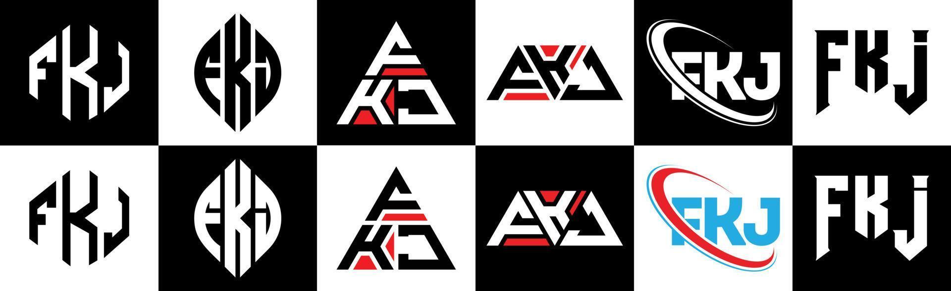 création de logo de lettre fkj en six styles. fkj polygone, cercle, triangle, hexagone, style plat et simple avec logo de lettre de variation de couleur noir et blanc dans un plan de travail. logo fkj minimaliste et classique vecteur