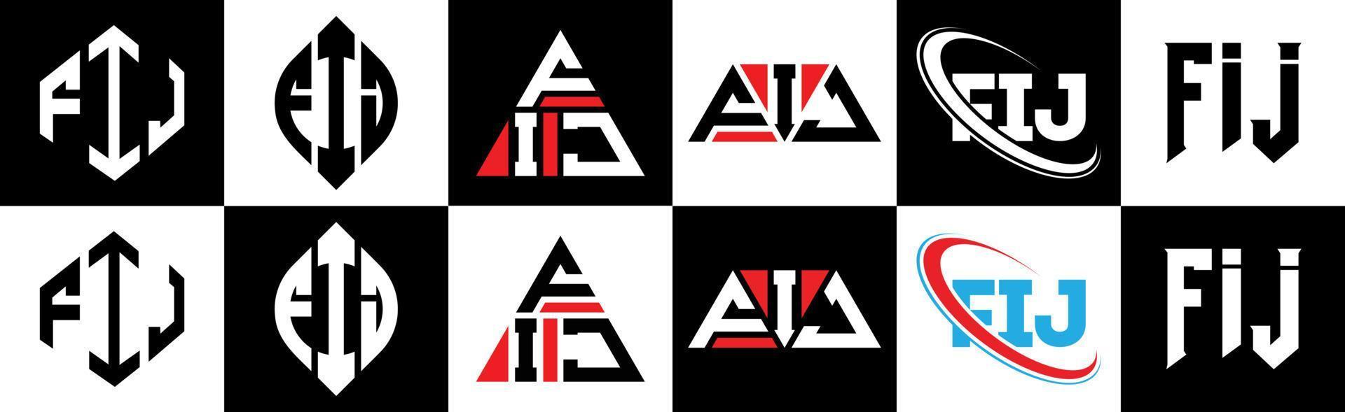 création de logo de lettre fij en six styles. fij polygone, cercle, triangle, hexagone, style plat et simple avec logo de lettre de variation de couleur noir et blanc dans un plan de travail. logo minimaliste et classique fij vecteur