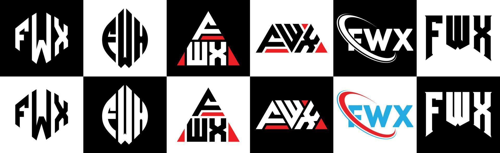 création de logo de lettre fwx en six styles. polygone fwx, cercle, triangle, hexagone, style plat et simple avec logo de lettre de variation de couleur noir et blanc dans un plan de travail. fwx logo minimaliste et classique vecteur