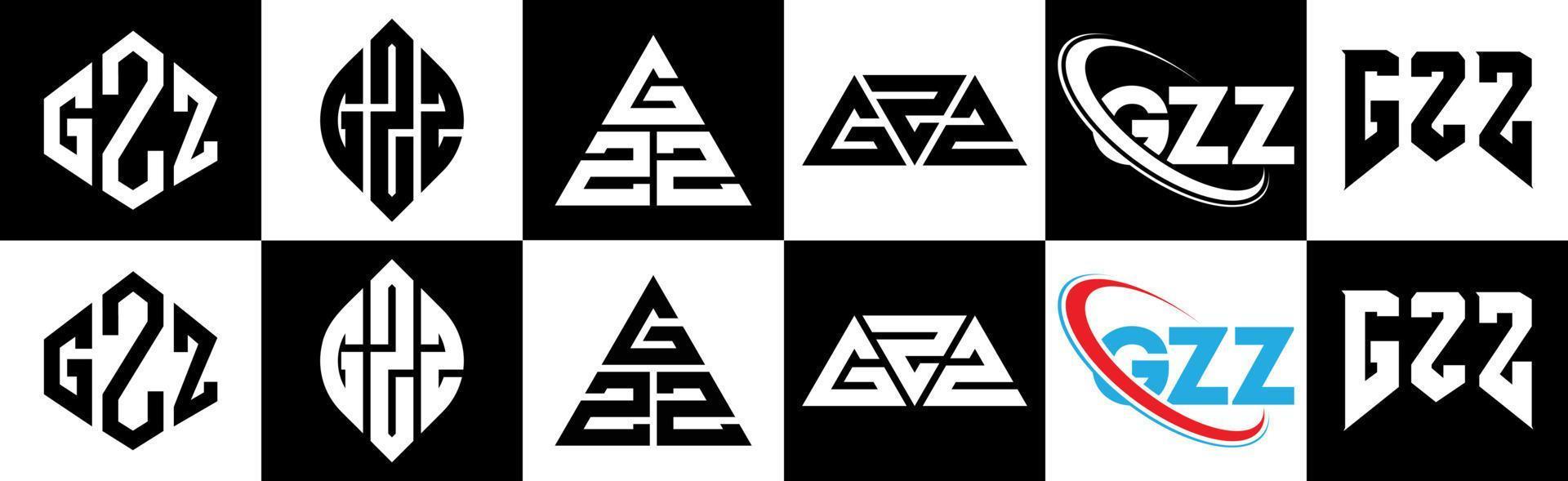 création de logo de lettre gzz en six styles. gzz polygone, cercle, triangle, hexagone, style plat et simple avec logo de lettre de variation de couleur noir et blanc dans un plan de travail. logo minimaliste et classique gzz vecteur