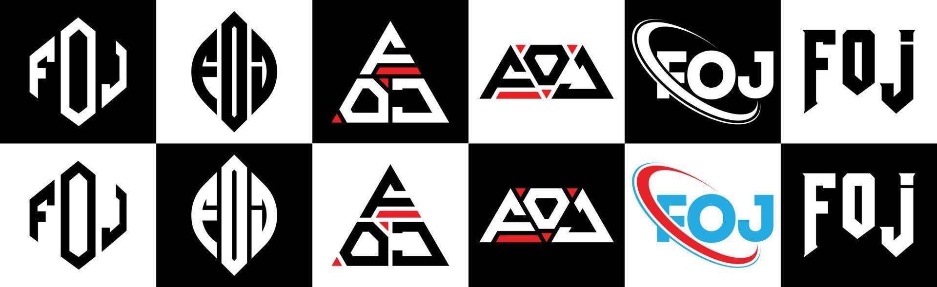 création de logo de lettre foj en six styles. foj polygone, cercle, triangle, hexagone, style plat et simple avec logo de lettre de variation de couleur noir et blanc dans un plan de travail. logo minimaliste et classique foj vecteur