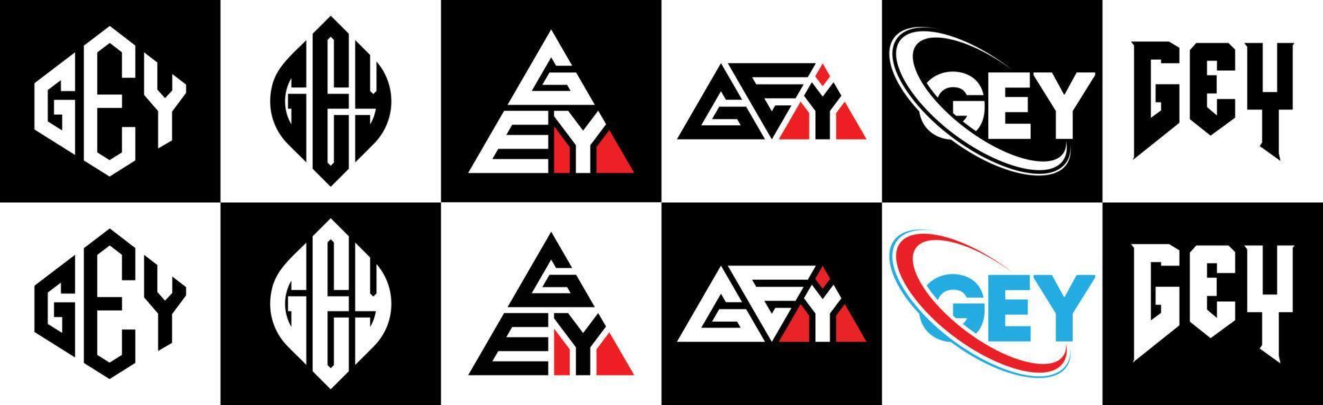 création de logo de lettre gey en six styles. polygone gey, cercle, triangle, hexagone, style plat et simple avec logo de lettre de variation de couleur noir et blanc dans un plan de travail. logo minimaliste et classique gey vecteur