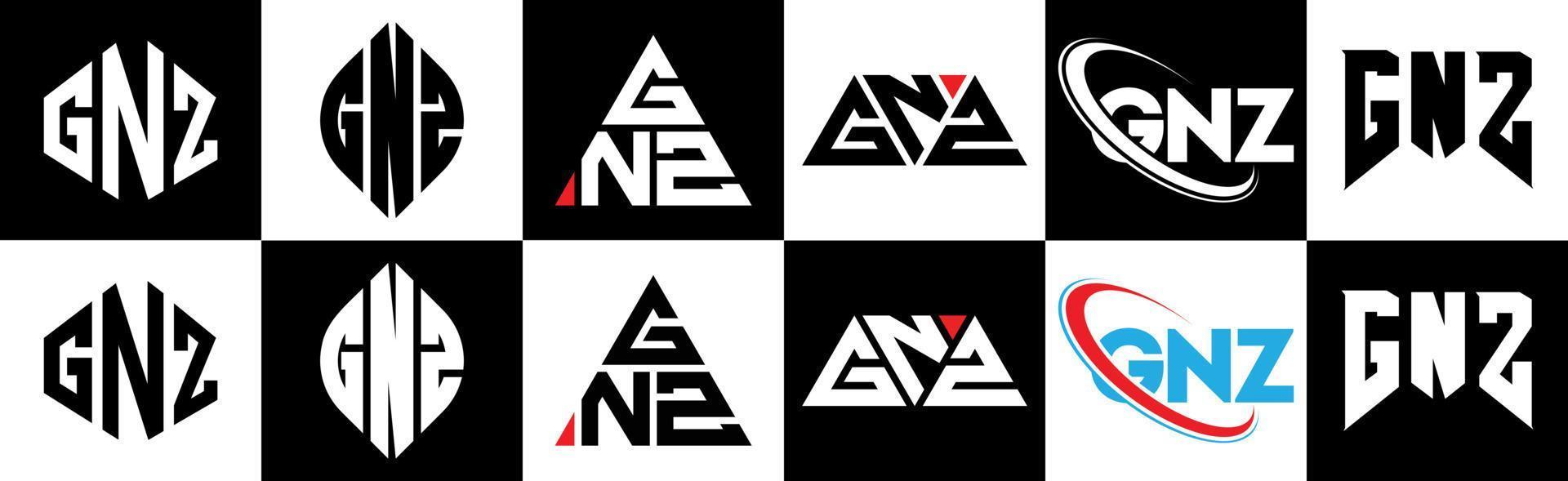 création de logo de lettre gnz en six styles. gnz polygone, cercle, triangle, hexagone, style plat et simple avec logo de lettre de variation de couleur noir et blanc dans un plan de travail. logo gnz minimaliste et classique vecteur