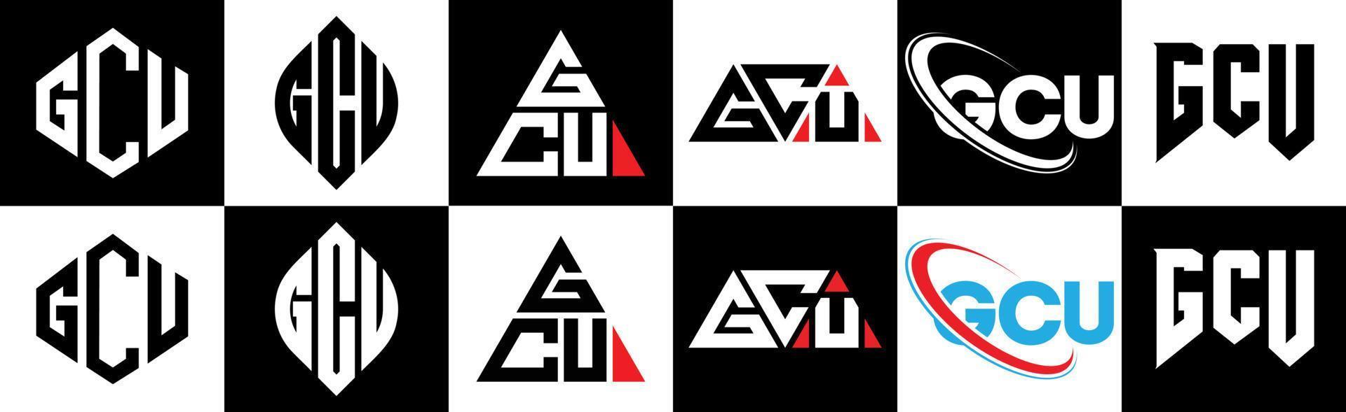 création de logo de lettre gcu en six styles. polygone gcu, cercle, triangle, hexagone, style plat et simple avec logo de lettre de variation de couleur noir et blanc dans un plan de travail. logo minimaliste et classique gcu vecteur