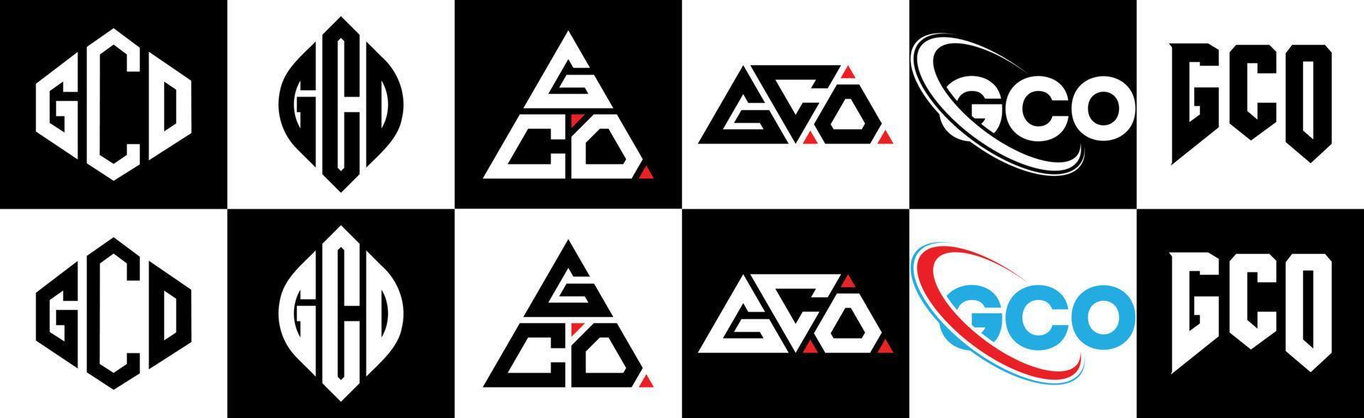 création de logo de lettre gco en six styles. gco polygone, cercle, triangle, hexagone, style plat et simple avec logo de lettre de variation de couleur noir et blanc dans un plan de travail. logo gco minimaliste et classique vecteur