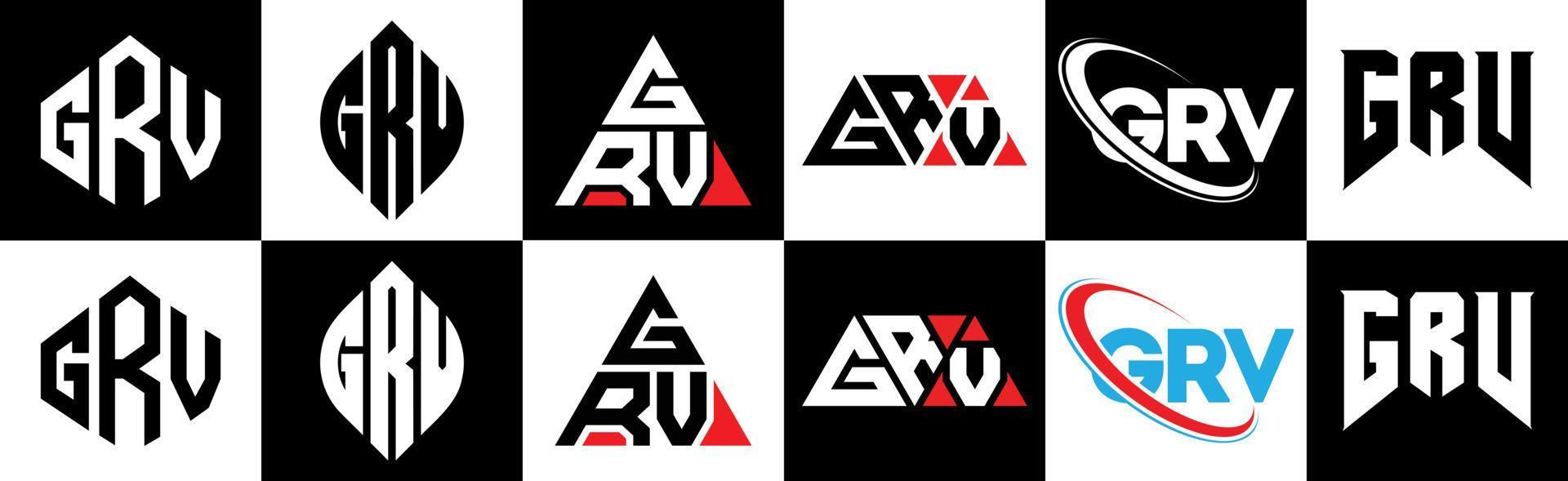 création de logo de lettre grv en six styles. grv polygone, cercle, triangle, hexagone, style plat et simple avec logo de lettre de variation de couleur noir et blanc dans un plan de travail. grv logo minimaliste et classique vecteur