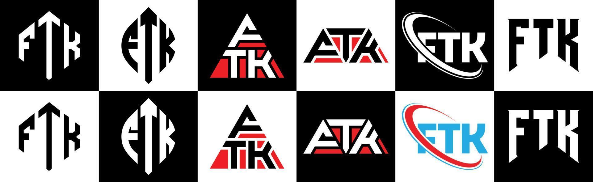 création de logo de lettre ftk en six styles. polygone ftk, cercle, triangle, hexagone, style plat et simple avec logo de lettre de variation de couleur noir et blanc dans un plan de travail. logo ftk minimaliste et classique vecteur