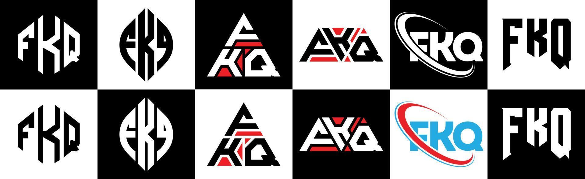 création de logo de lettre fkq en six styles. polygone fkq, cercle, triangle, hexagone, style plat et simple avec logo de lettre de variation de couleur noir et blanc dans un plan de travail. logo fkq minimaliste et classique vecteur