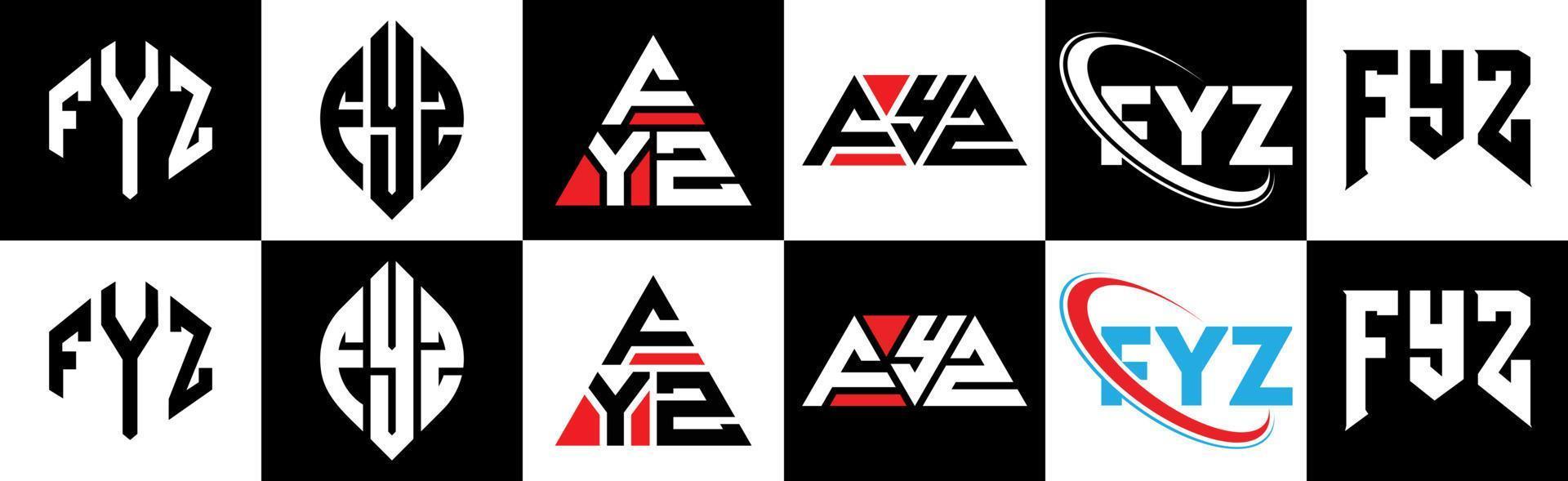 création de logo de lettre fyz en six styles. fyz polygone, cercle, triangle, hexagone, style plat et simple avec logo de lettre de variation de couleur noir et blanc dans un plan de travail. logo minimaliste et classique fyz vecteur