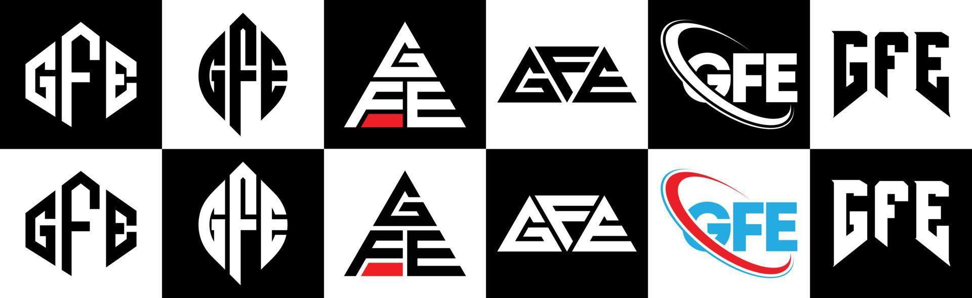 création de logo de lettre gfe en six styles. gfe polygone, cercle, triangle, hexagone, style plat et simple avec logo de lettre de variation de couleur noir et blanc dans un plan de travail. logo gfe minimaliste et classique vecteur