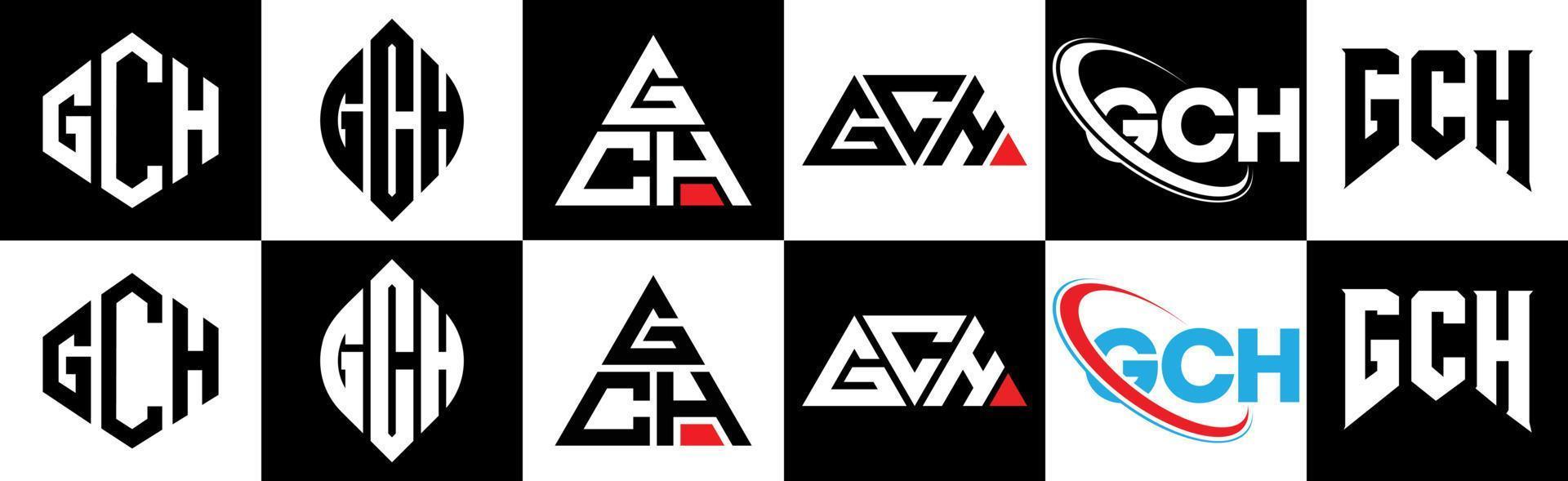 création de logo de lettre gch en six styles. gch polygone, cercle, triangle, hexagone, style plat et simple avec logo de lettre de variation de couleur noir et blanc dans un plan de travail. logo minimaliste et classique gch vecteur