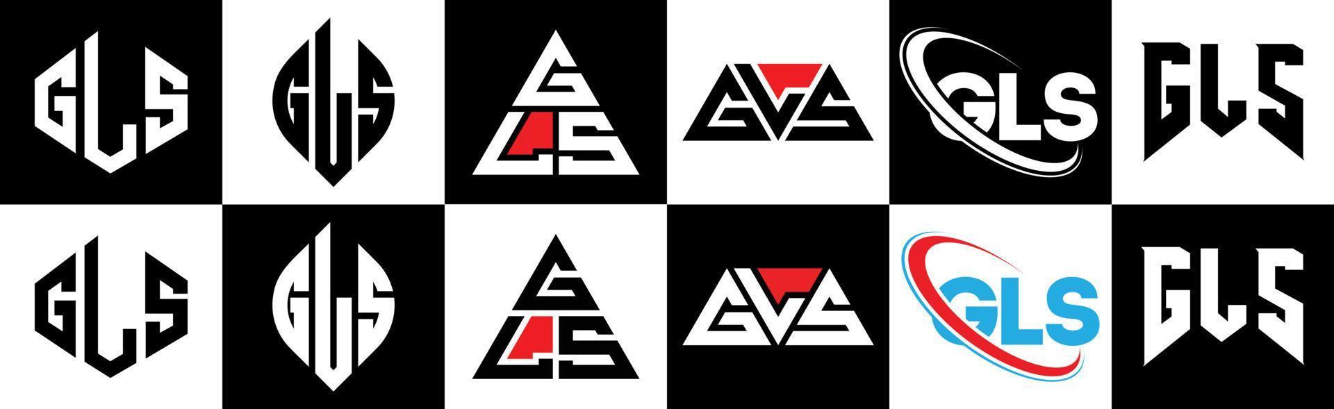 création de logo de lettre gls en six styles. gls polygone, cercle, triangle, hexagone, style plat et simple avec logo de lettre de variation de couleur noir et blanc dans un plan de travail. logo minimaliste et classique gls vecteur