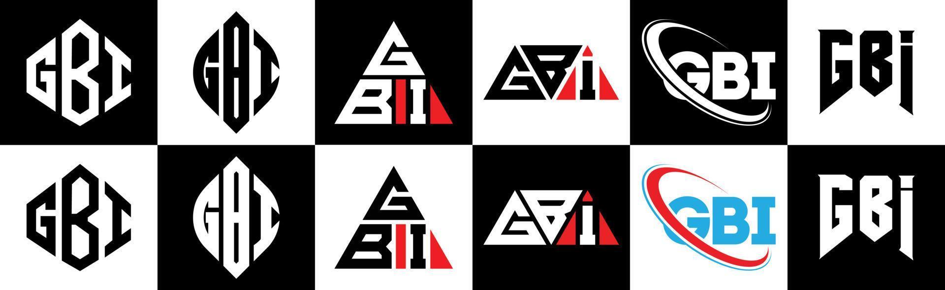 création de logo de lettre gbi en six styles. gbi polygone, cercle, triangle, hexagone, style plat et simple avec logo de lettre de variation de couleur noir et blanc dans un plan de travail. logo gbi minimaliste et classique vecteur