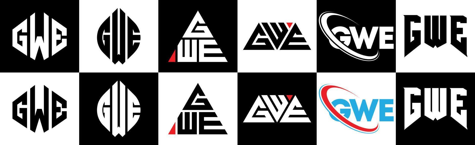 création de logo de lettre gwe en six styles. gwe polygone, cercle, triangle, hexagone, style plat et simple avec logo de lettre de variation de couleur noir et blanc dans un plan de travail. logo minimaliste et classique gwe vecteur