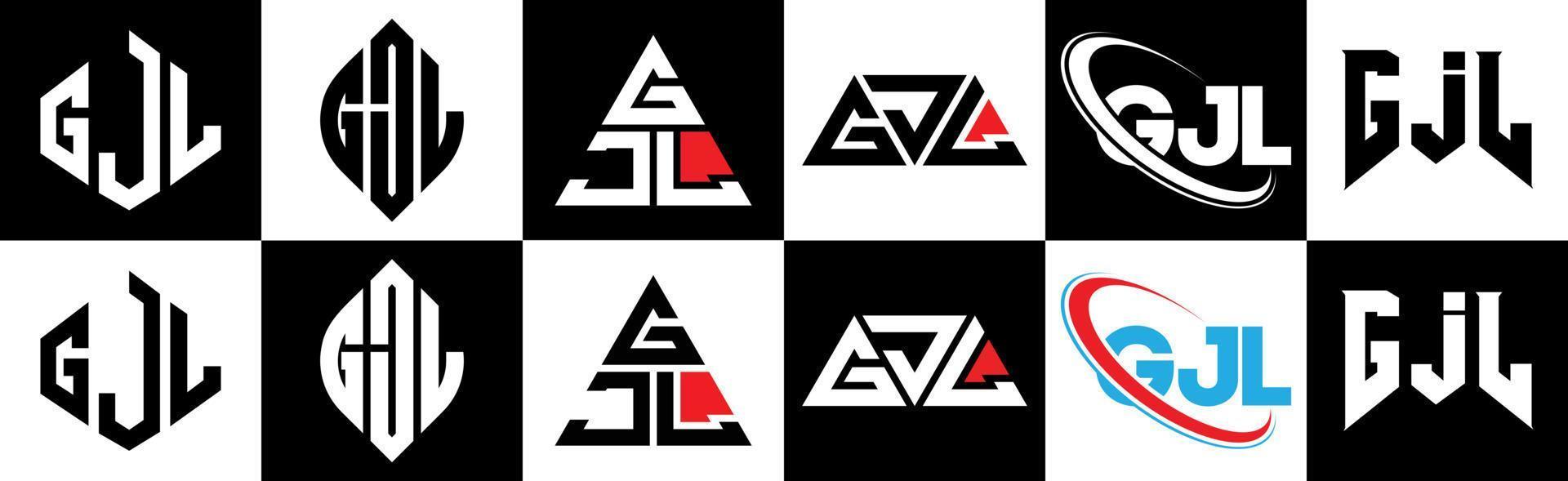 création de logo de lettre gjl en six styles. gjl polygone, cercle, triangle, hexagone, style plat et simple avec logo de lettre de variation de couleur noir et blanc dans un plan de travail. logo gjl minimaliste et classique vecteur