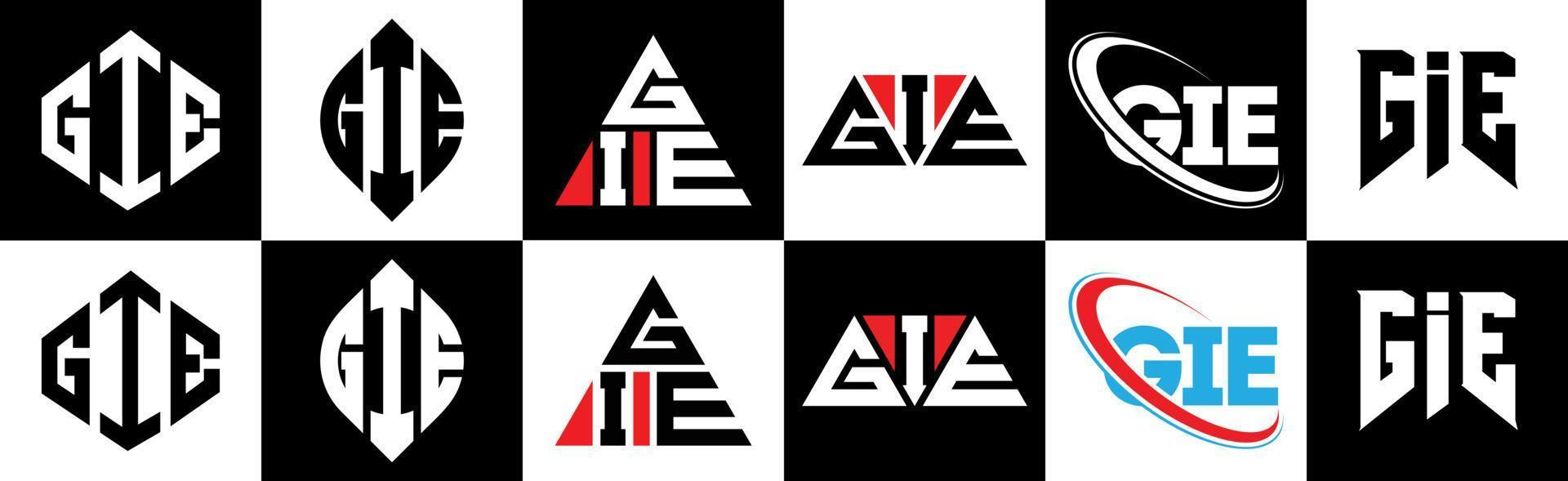 création de logo de lettre gie en six styles. gie polygone, cercle, triangle, hexagone, style plat et simple avec logo de lettre de variation de couleur noir et blanc dans un plan de travail. gie logo minimaliste et classique vecteur