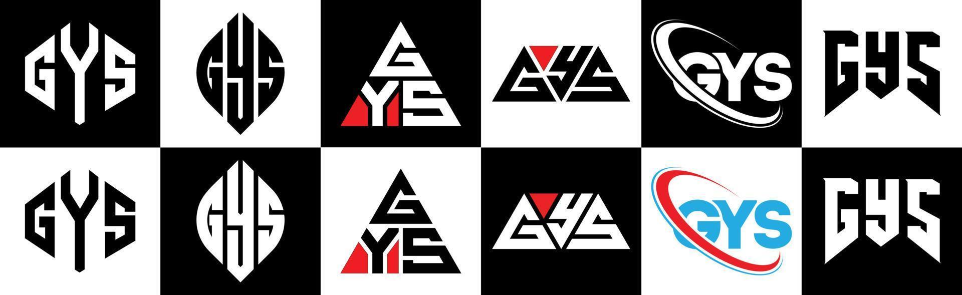 création de logo de lettre gys en six styles. polygone gys, cercle, triangle, hexagone, style plat et simple avec logo de lettre de variation de couleur noir et blanc dans un plan de travail. logo minimaliste et classique gys vecteur