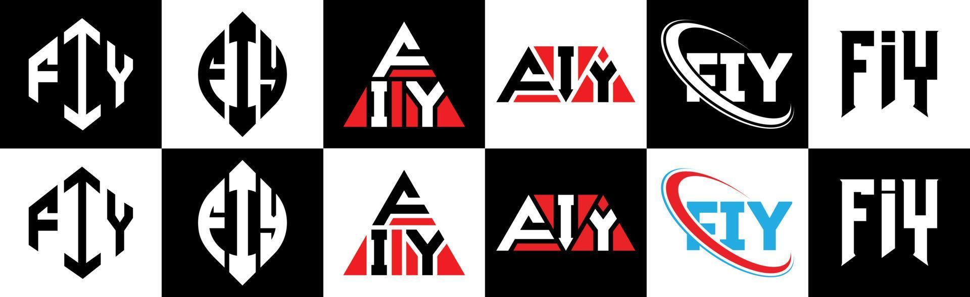 création de logo de lettre fiy en six styles. fiy polygone, cercle, triangle, hexagone, style plat et simple avec logo de lettre de variation de couleur noir et blanc dans un plan de travail. fiy logo minimaliste et classique vecteur