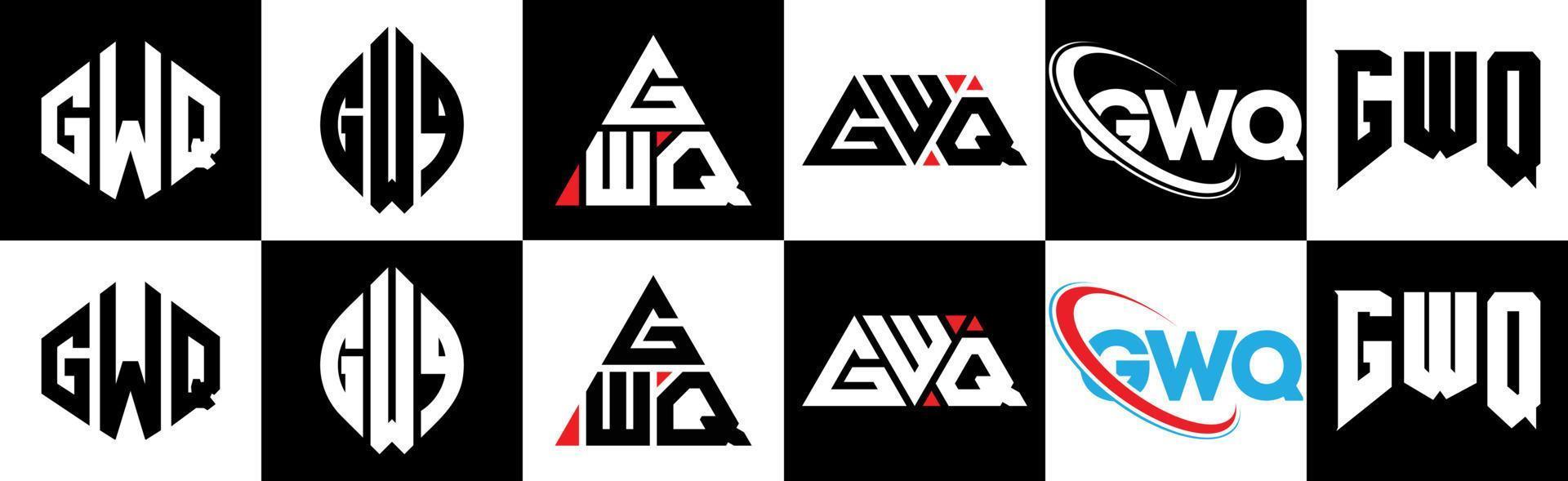 création de logo de lettre gwq en six styles. gwq polygone, cercle, triangle, hexagone, style plat et simple avec logo de lettre de variation de couleur noir et blanc dans un plan de travail. logo minimaliste et classique gwq vecteur