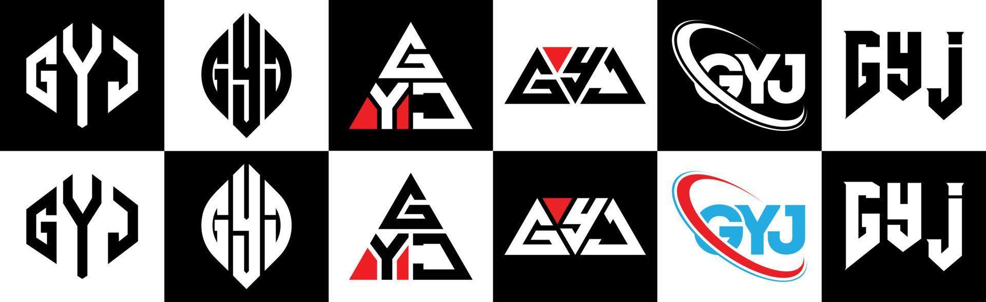 création de logo de lettre gyj en six styles. polygone gyj, cercle, triangle, hexagone, style plat et simple avec logo de lettre de variation de couleur noir et blanc dans un plan de travail. logo minimaliste et classique gyj vecteur