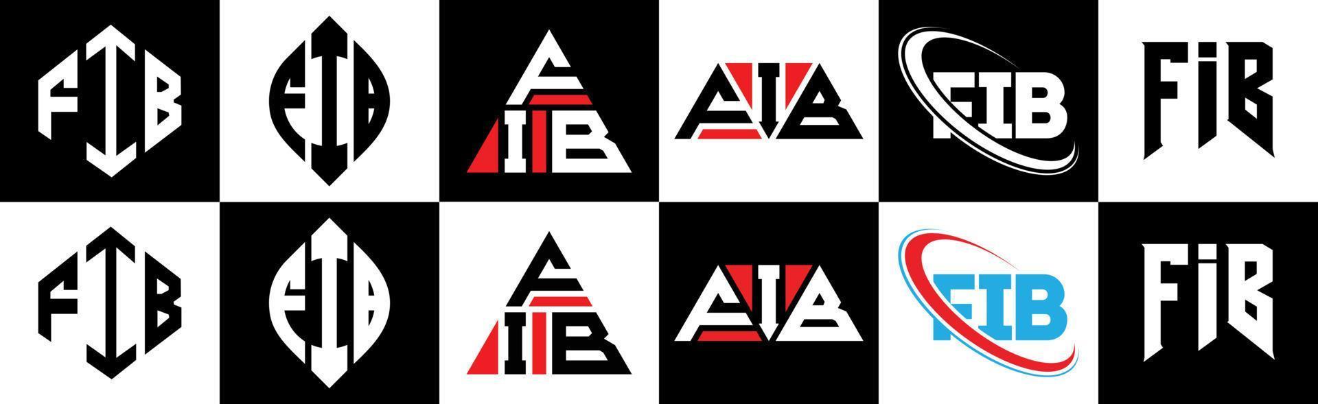 création de logo de lettre fib en six styles. polygone fib, cercle, triangle, hexagone, style plat et simple avec logo de lettre de variation de couleur noir et blanc dans un plan de travail. fib logo minimaliste et classique vecteur