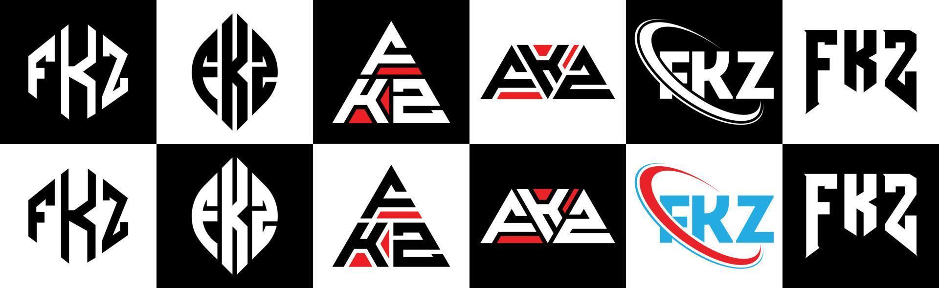 création de logo de lettre fkz en six styles. fkz polygone, cercle, triangle, hexagone, style plat et simple avec logo de lettre de variation de couleur noir et blanc dans un plan de travail. logo fkz minimaliste et classique vecteur