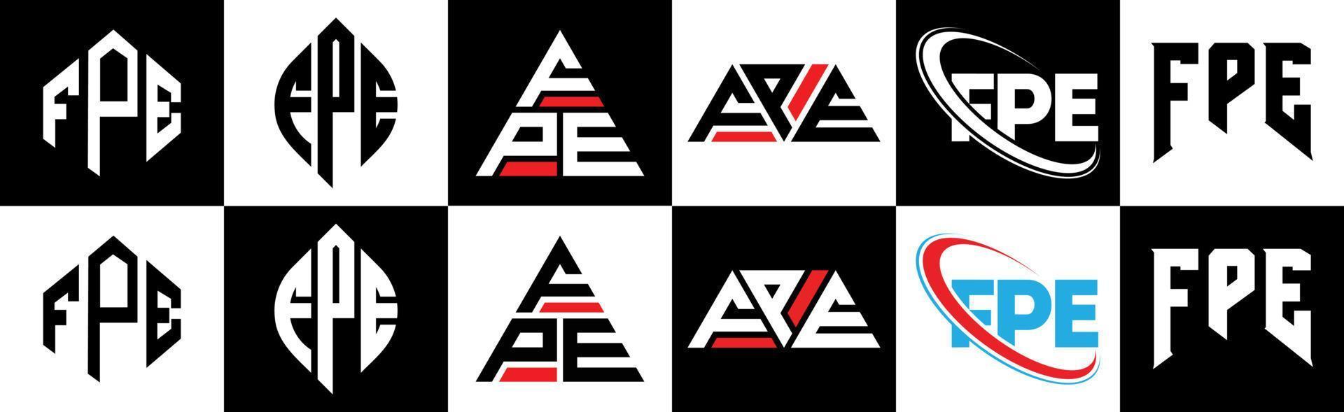 création de logo de lettre fpe en six styles. fpe polygone, cercle, triangle, hexagone, style plat et simple avec logo de lettre de variation de couleur noir et blanc dans un plan de travail. logo fpe minimaliste et classique vecteur