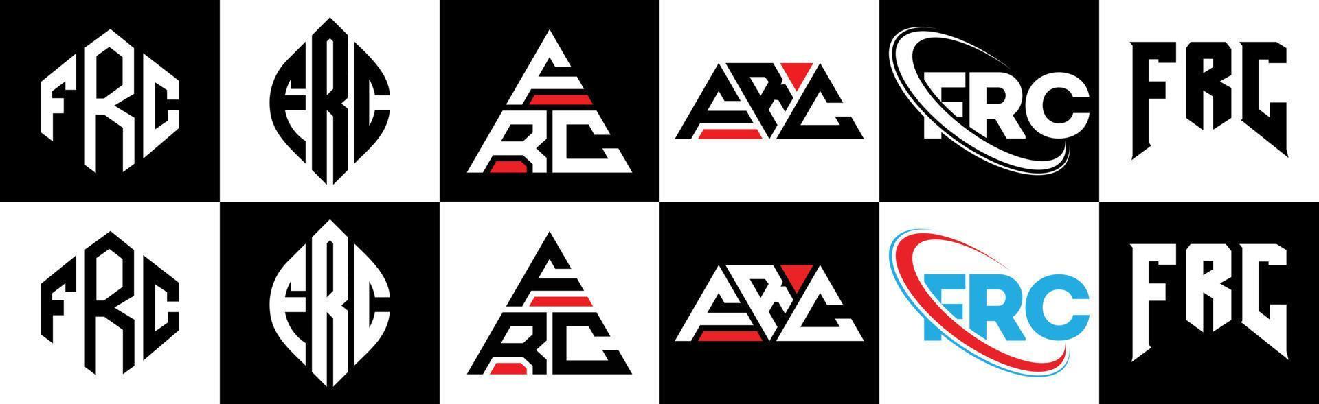 création de logo de lettre frc en six styles. frc polygone, cercle, triangle, hexagone, style plat et simple avec logo de lettre de variation de couleur noir et blanc dans un plan de travail. logo frc minimaliste et classique vecteur