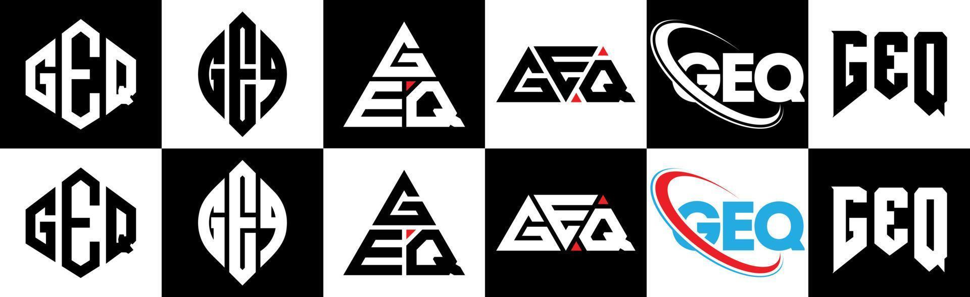 création de logo de lettre geq en six styles. polygone geq, cercle, triangle, hexagone, style plat et simple avec logo de lettre de variation de couleur noir et blanc dans un plan de travail. logo minimaliste et classique geq vecteur