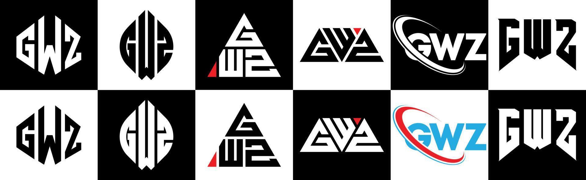 création de logo de lettre gwz en six styles. gwz polygone, cercle, triangle, hexagone, style plat et simple avec logo de lettre de variation de couleur noir et blanc dans un plan de travail. logo gwz minimaliste et classique vecteur