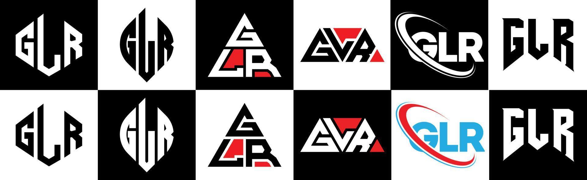 création de logo de lettre glr en six styles. glr polygone, cercle, triangle, hexagone, style plat et simple avec logo de lettre de variation de couleur noir et blanc dans un plan de travail. logo minimaliste et classique glr vecteur