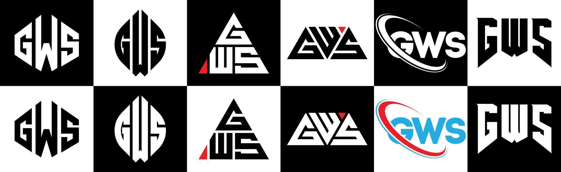 création de logo de lettre gws en six styles. gws polygone, cercle, triangle, hexagone, style plat et simple avec logo de lettre de variation de couleur noir et blanc dans un plan de travail. gws logo minimaliste et classique vecteur
