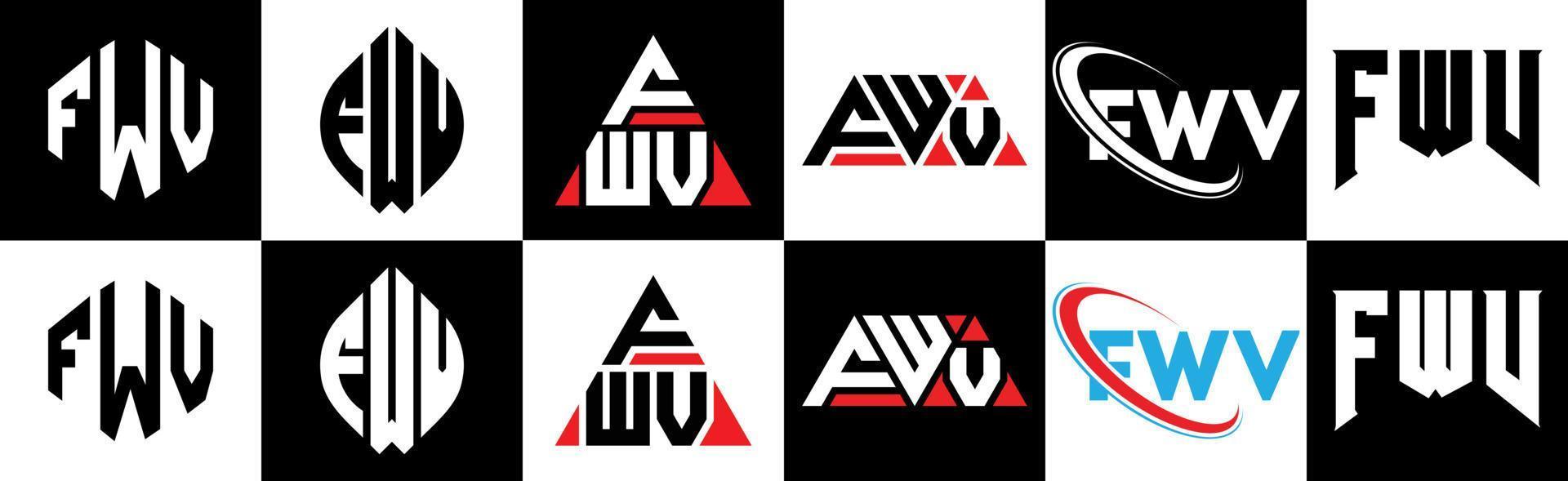 création de logo de lettre fwv en six styles. polygone fwv, cercle, triangle, hexagone, style plat et simple avec logo de lettre de variation de couleur noir et blanc dans un plan de travail. logo fwv minimaliste et classique vecteur