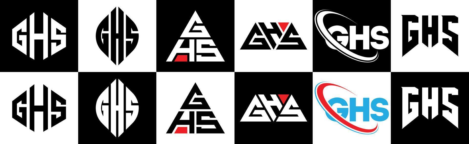 création de logo de lettre ghs en six styles. polygone ghs, cercle, triangle, hexagone, style plat et simple avec logo de lettre de variation de couleur noir et blanc dans un plan de travail. logo minimaliste et classique ghs vecteur